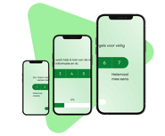 Drie smartphones in verschillende formaten die een mobiele interface tonen van een online cultuurscan vragenlijst met groene knoppen, weergegeven tegen een lichtgroene abstracte achtergrond.