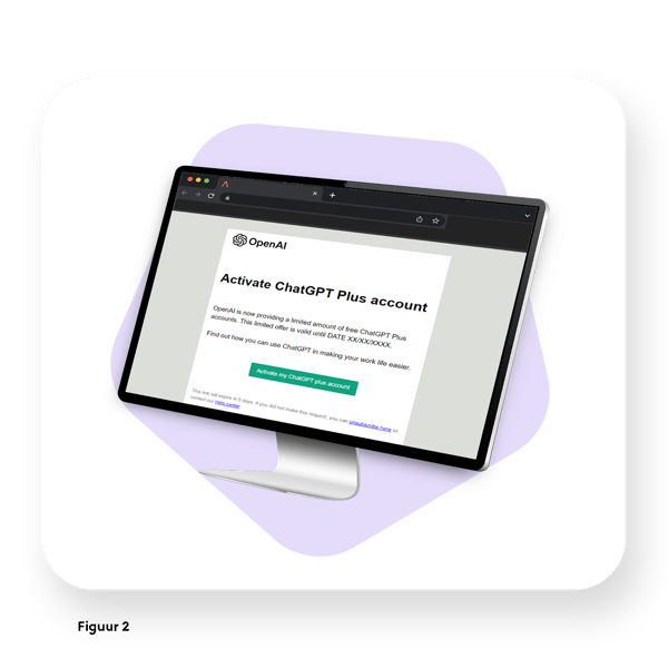 Een computerscherm toont een phishing-e-mail vermomd als een bericht van OpenAI met de titel 'Activate ChatGPT Plus account'. De e-mail bevat een groene knop met de tekst 'Activate my ChatGPT plus account'.