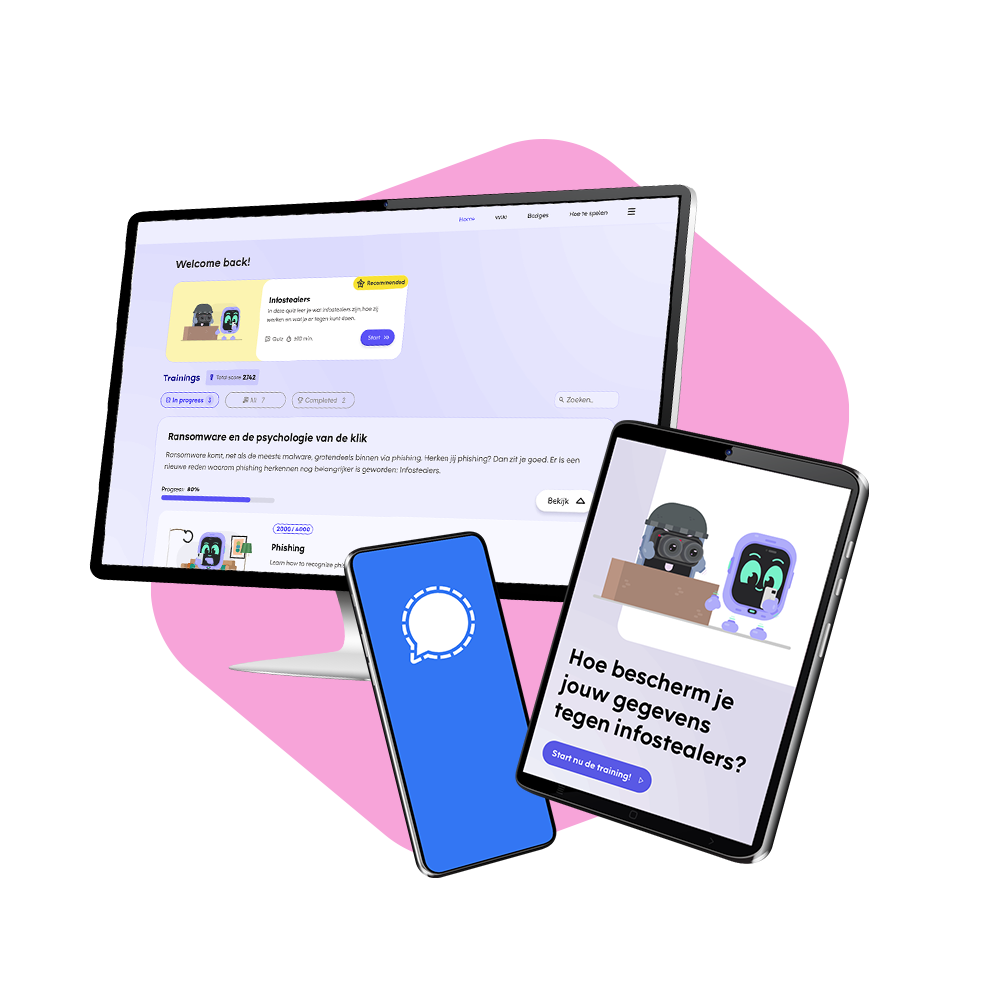 Mockup van een computermonitor, tablet en smartphone die de interface van een digitaal cybersecurity-trainingsplatform tonen, met modules over onderwerpen zoals infostealers en ransomware