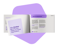 An open brochure with purple accents set against a purple and white patterned background. The left page features the text: "Why Shadow AI is the new reality for every organization" (in Dutch). The right page is headlined: "What do the employees say themselves?". The design is modern and professional.