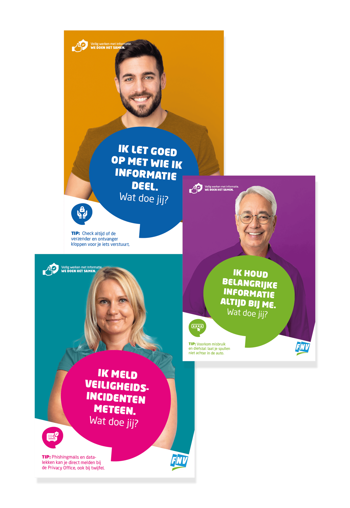 Three FNV campaign posters show portraits of their own employees with quotes about information security, privacy, and security awareness by Awareways.
