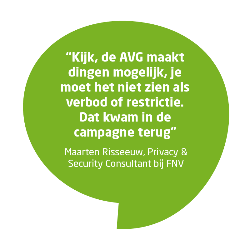 Groene tekstwolk met een quote van FNV Privacy Consultant Maarten Risseeuw over de AVG-campagne voor security awareness en privacy in Nederland.