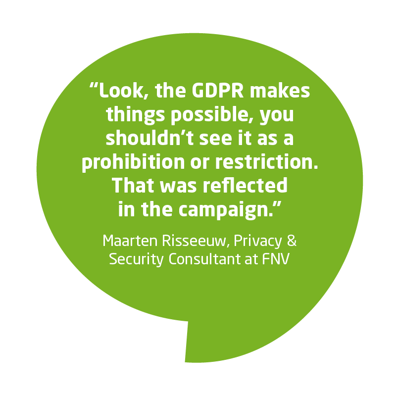Green speech bubble with a quote from FNV Privacy Consultant Maarten Risseeuw about the GDPR campaign for security awareness and privacy in the Netherlands.