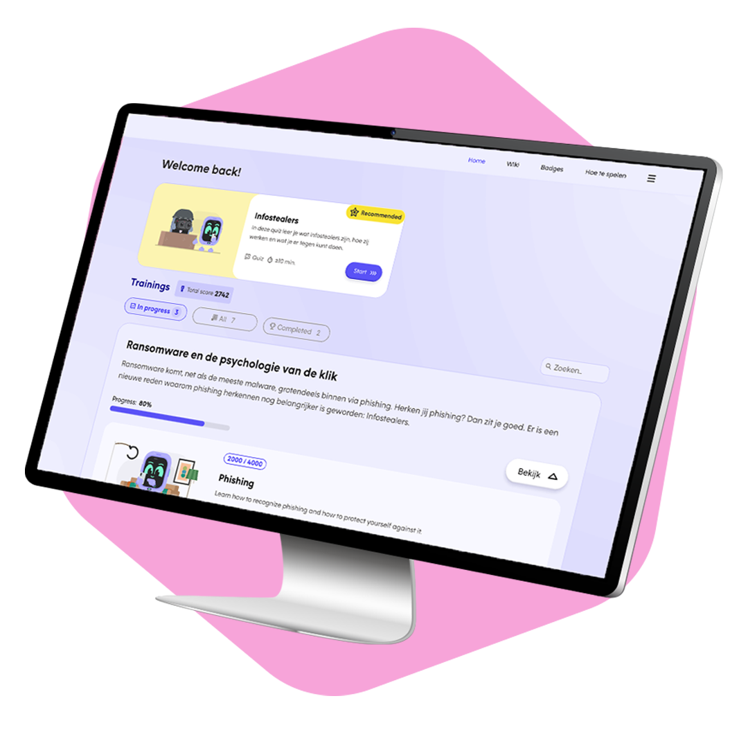 "Mockup van een computermonitor die het dashboard van het digitale cybersecurity-trainingsplatform 'Wave' toont. Op het scherm zijn onder andere een aanbevolen module over 'Infostealers' en een actieve training over 'Infostealers' te zien."