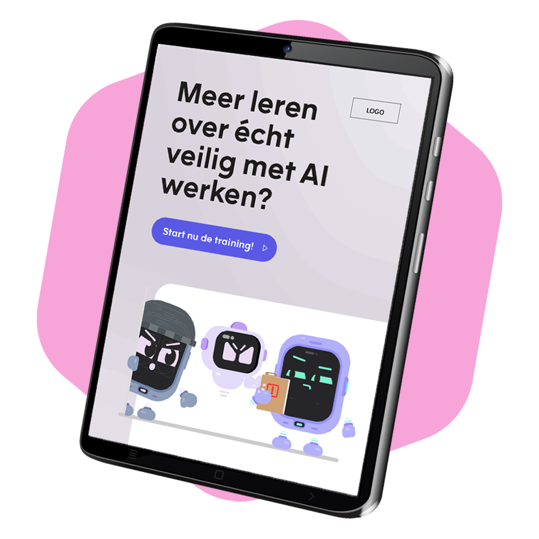 "Mockup van een tablet met een communicatiemiddel die een online training over AI-veiligheid promoot, met de tekst 'Meer leren over écht veilig met AI werken?' en een knop om de training te starten."