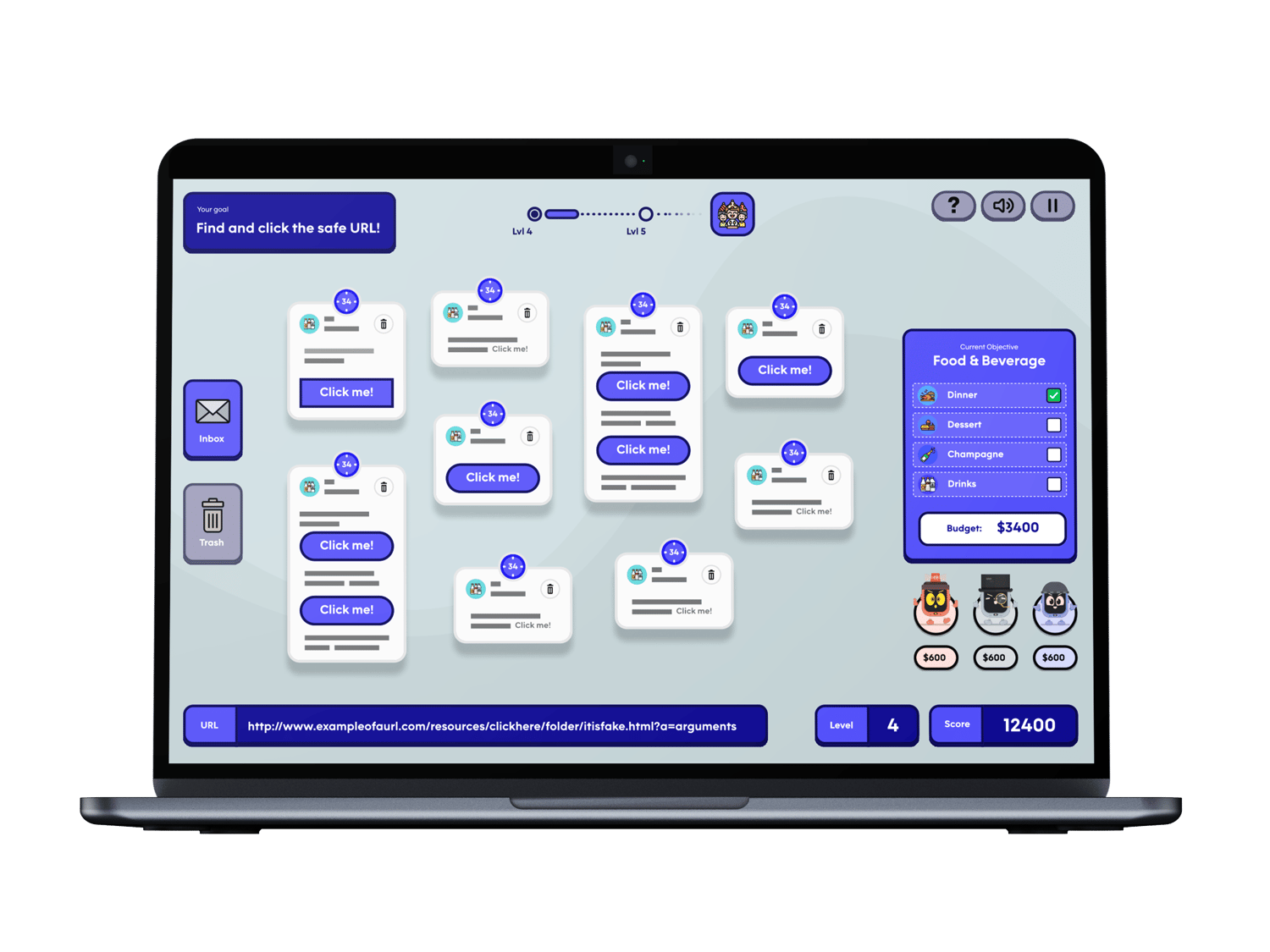 Laptop with interface of Awareways security awareness game. Screenshot of interactive phishing simulation in which employees learn to recognise malicious links through play (gamification). Example of 'Learning by doing' methodology against infostealers and malware.