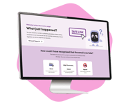 Een computermonitor die een informatiepagina toont over een phishing-simulatie. De pagina bevat de tekst "What just happened?" en legt uit hoe je valse e-mails kunt herkennen via de stappen "Hover", "Check" en "Report", tegen een abstracte roze achtergrond.