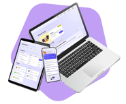 Een laptop, tablet en smartphone die de interface van een digitaal platform of dashboard tonen met onderdelen zoals een welkomstbericht, certificaten en badges, tegen een lichtpaarse abstracte achtergrond.
