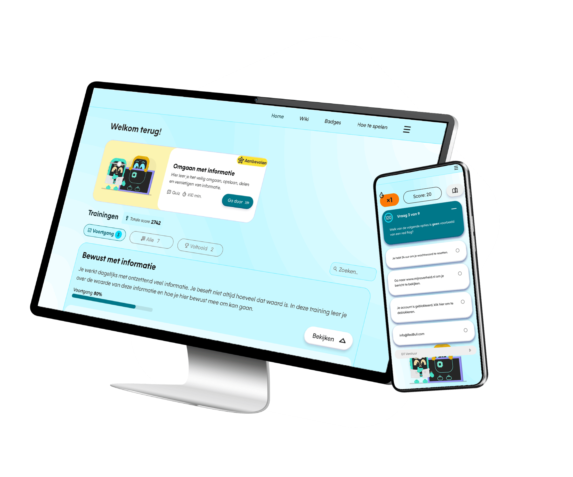 Een desktopmonitor en een smartphone tonen de interface van een online leerplatform over informatiebeveiliging, met een voortgangsoverzicht en een quizvraag.