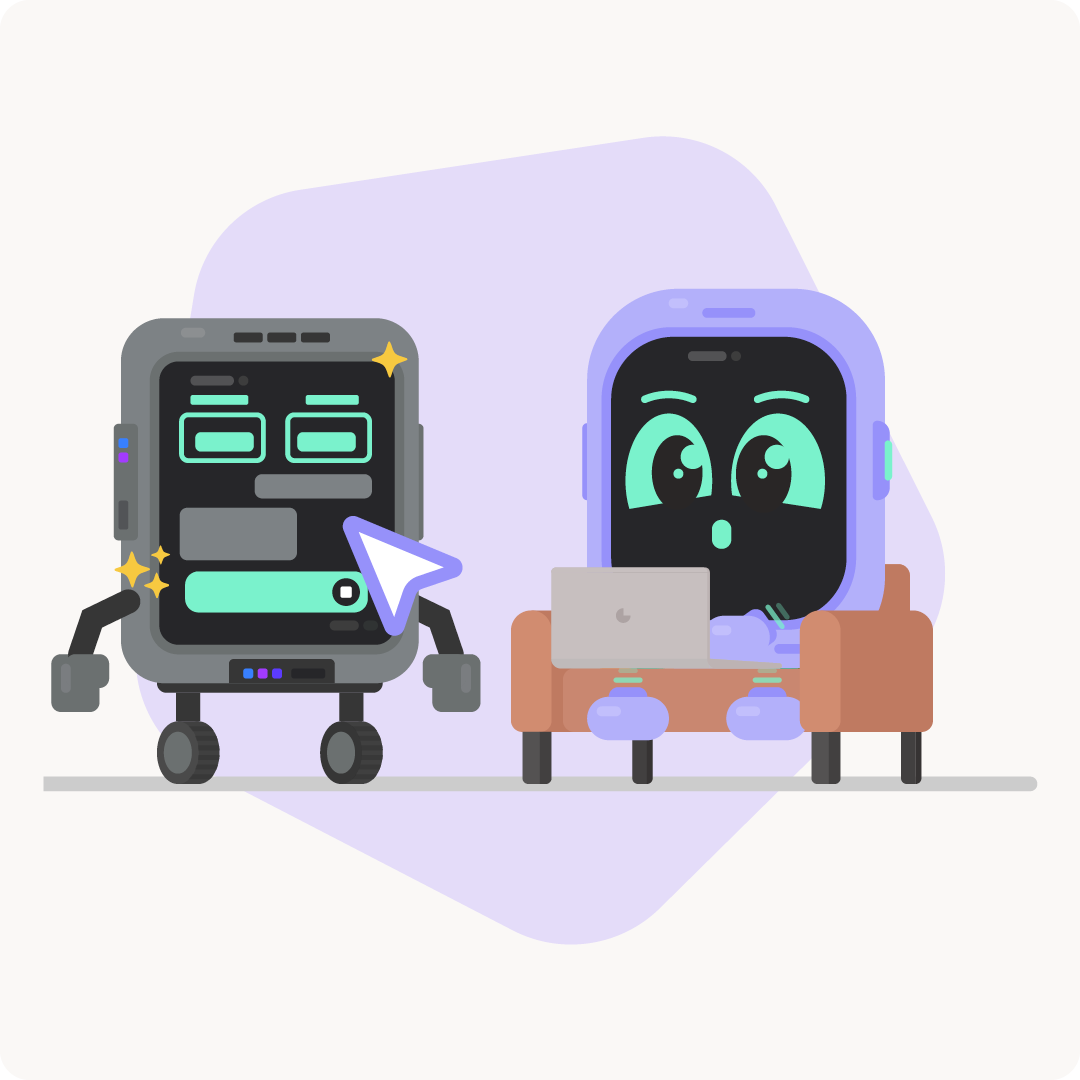 Illustratie van een grijze robot met een ChatGPT interface-scherm naast de Awareways mascotte die op een bank met een laptop werkt