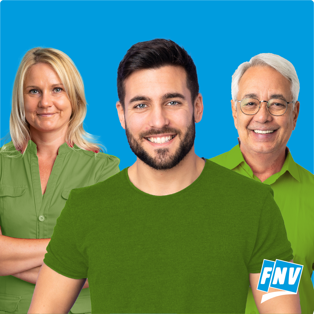 Three smiling FNV union employees and Awareways partners against a blue background.