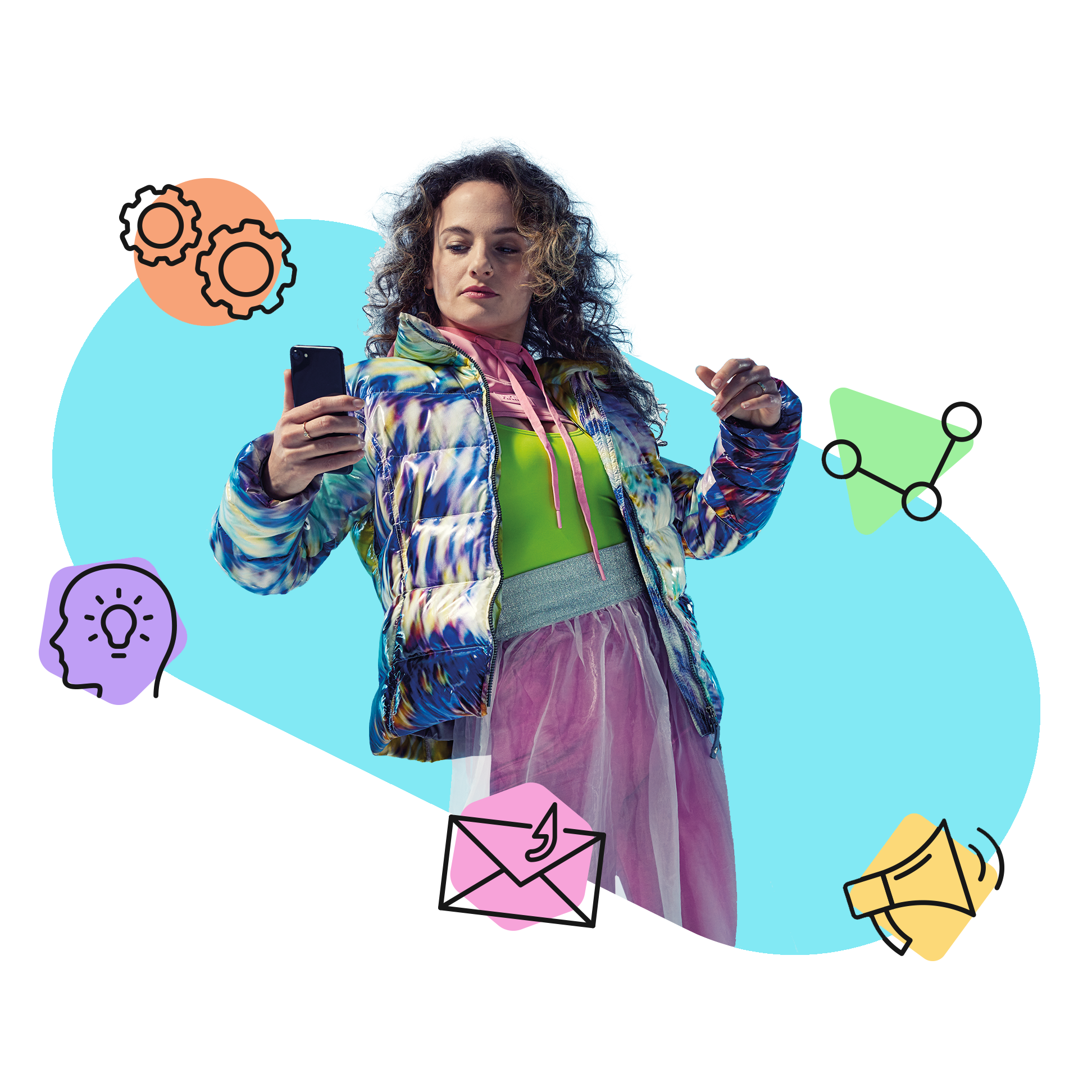 Kleurrijke illustratie van een jonge vrouw met een smartphone, omringd door iconen voor communicatie en security awareness campagnes