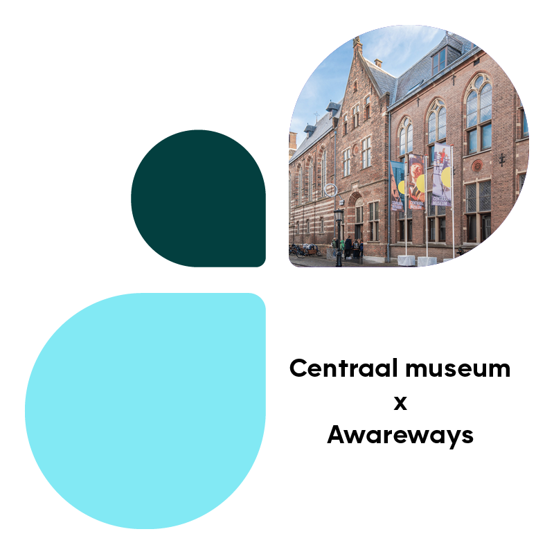 Collaboration between Awareways and Centraal Museum Utrecht focusing on security awareness and behavioral change. The image features the historic Centraal Museum building in Utrecht framed within an organic shape, alongside the Awareways logo and the text 'Centraal Museum x Awareways'. Highlighting digital safety, privacy, and human behavior within a cultural context.