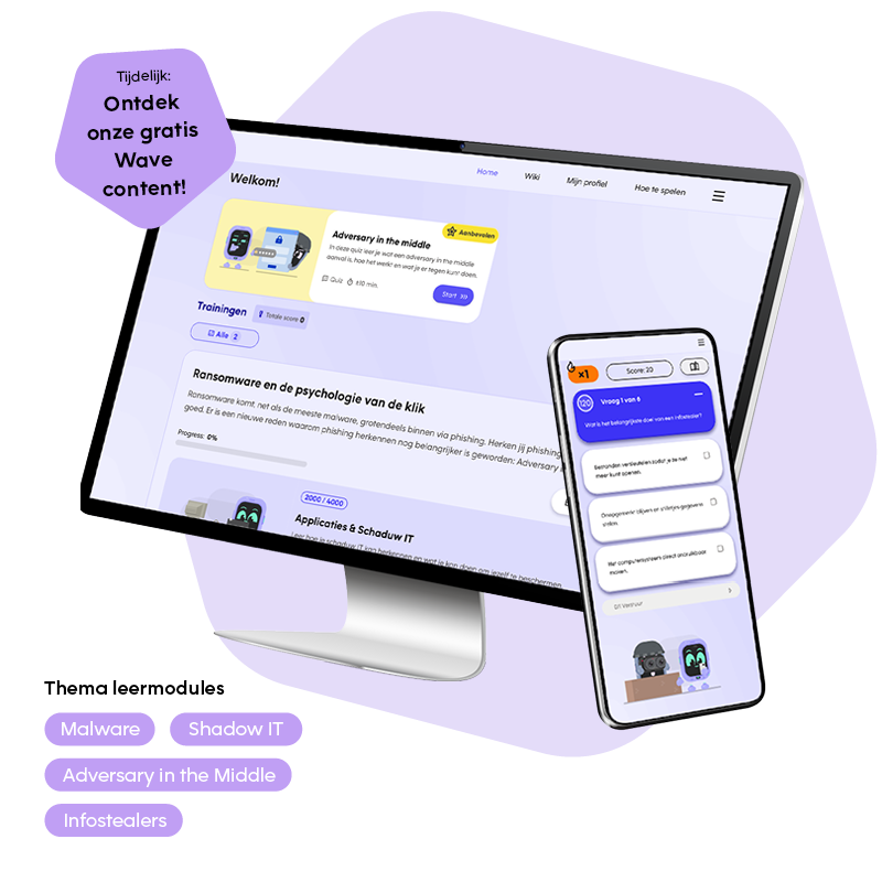 Een computerscherm en smartphone tonen de online Wave-leermodules van Awareways over cybersecurity. De interface laat trainingen zien over 'Ransomware en de psychologie van de klik', 'Malware' en 'Shadow IT', bedoeld om de digitale veiligheid te vergroten.